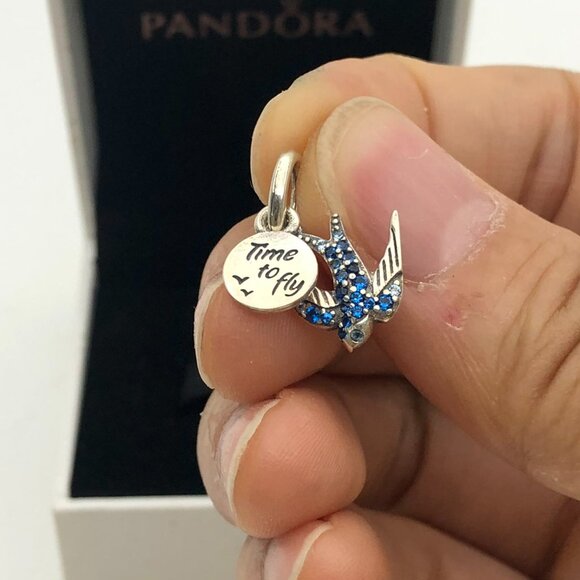 ✨🔥Pandora Sparkling Swallow & Quote Double Dangle Charm "Time to fly" Pendant - Picture 3 of 7